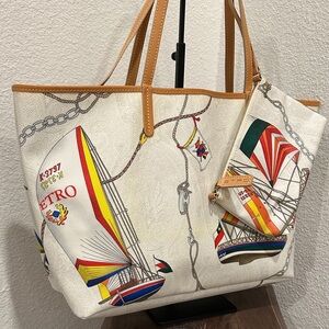 ETRO Sailor Yacht Print Paisley White Beige Leather Canvas Tote Bag Authentic